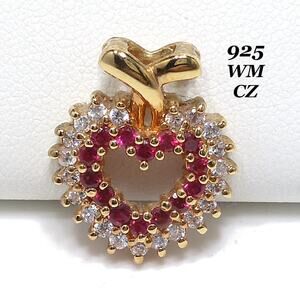 Sterling Silver 925 WM Heart Pendant Rubies & CZ Gold Plated Vintage Jewelry